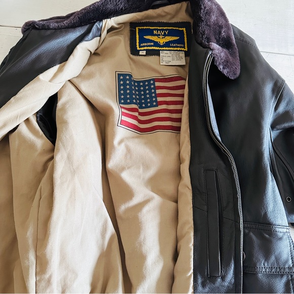 Vintage Leather Flight Jacket Brown Faux Fur Military Air Force Navy Army Bomber - Picture 11 of 15